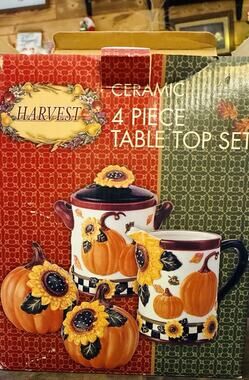 Harvest Vtg Open Box New 4 pc Ceramic Salt/Pepper Sugar Creamer Spoon Set
